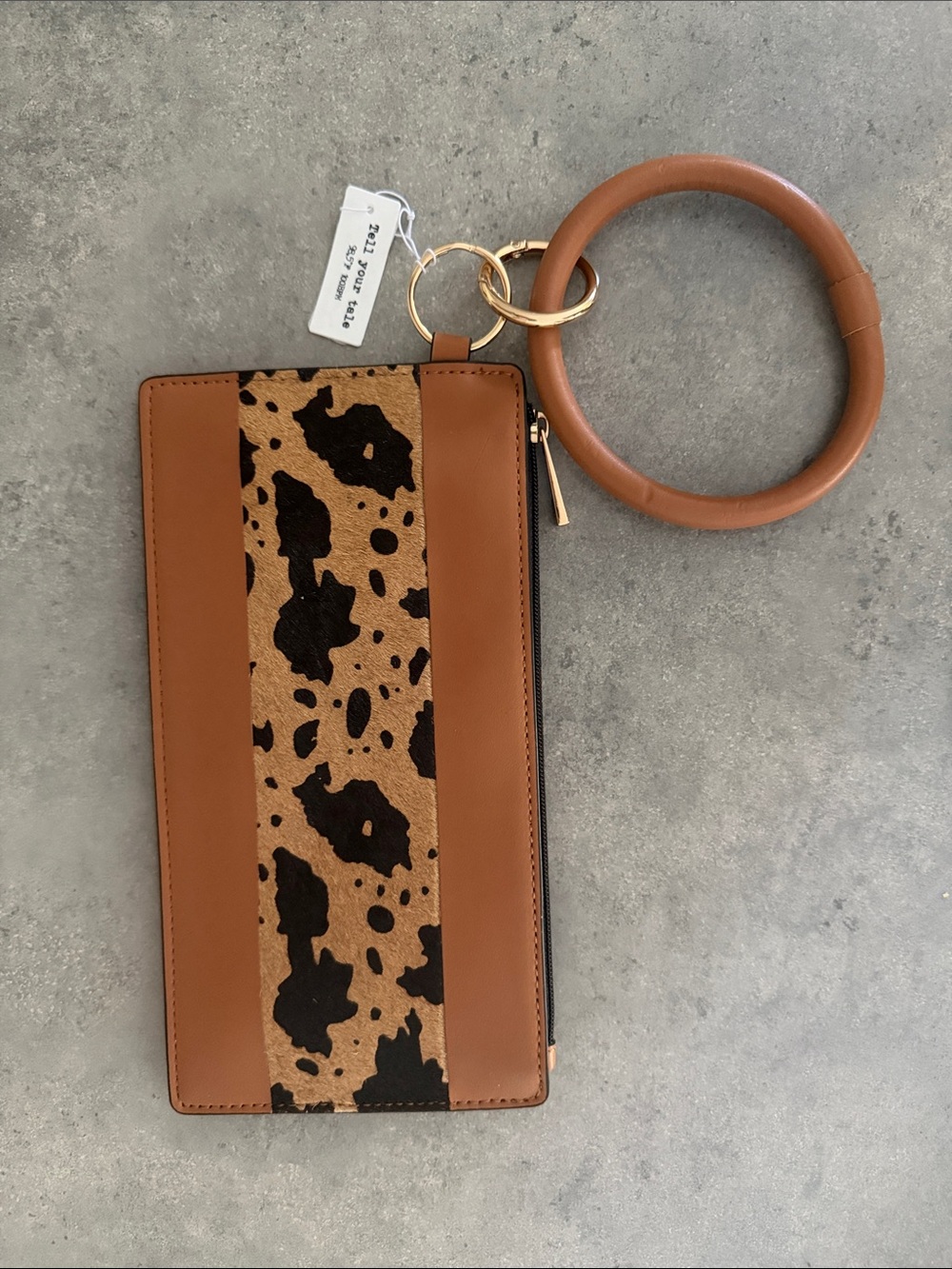 Cowhide-Accent Leather Wristlet Key & Card Holder - Brown